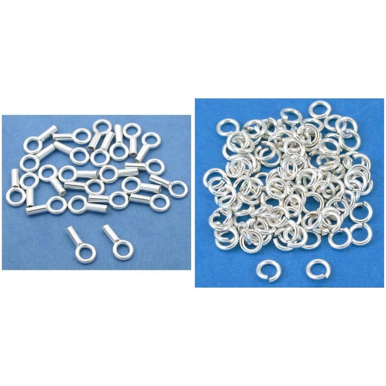Sterling Silver Crimp End Caps & Silver Plated Open Jump Rings Findings 200 Pcs